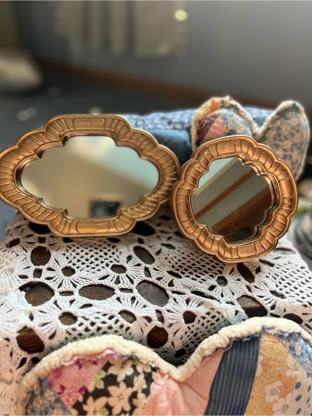 Vintage Gold Decorative Scalloped Accent Mirrors - Set of 2